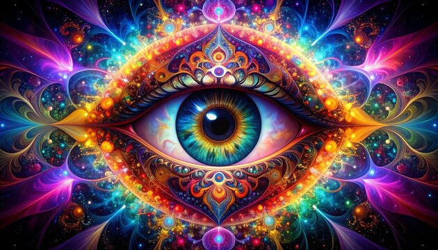 A vibrant, colorful, and detailed illustration of an eye, encircled by intricate patterns and glowing cosmic elements.