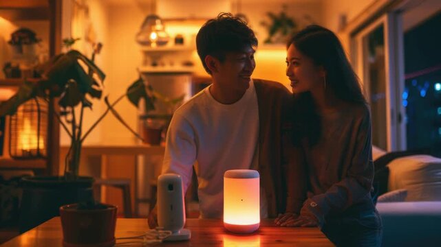 A couple examining a smart speaker, potential home technology purchase consideration