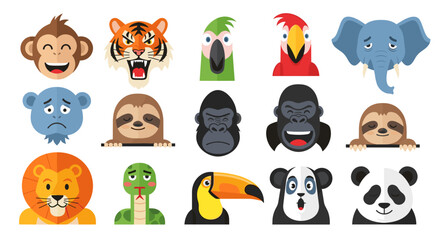 Fototapeta premium Collection of cartoon animal faces including monkey tiger parrot elephant lion and more in a flat design