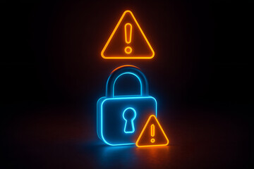 Glowing padlock and warning signs cybersecurity alert