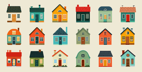 A set of colorful icons featuring houses in a flat design, each house with a different color and shape, arranged neatly on the canvas. The icons are designed to be simple yet appealing, suitable