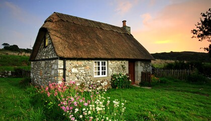 A charming stone cottage with a thatched roof sits peacefully amidst a lush garden at sunset.