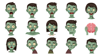 Collection of cartoon zombie faces with various expressions and a brain held by hands