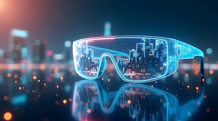 Augmented reality glasses with cityscape projection, futuristic concept.