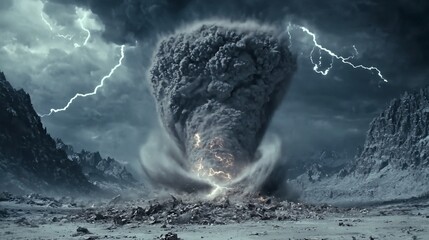 Majestic rise of a tornado swirling wind and debris forming a powerful vortex with lightening striking in the background