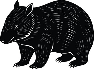 Wombat Illustration in Black and White Linocut Style for Graphic Design on white background