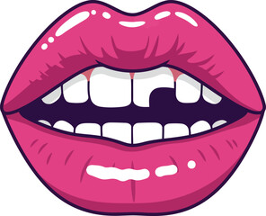 Obraz premium Close up of bright pink glossy lips with a gap between the front teeth and a missing tooth