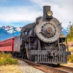 Obraz premium Vintage steam locomotive train in mountains