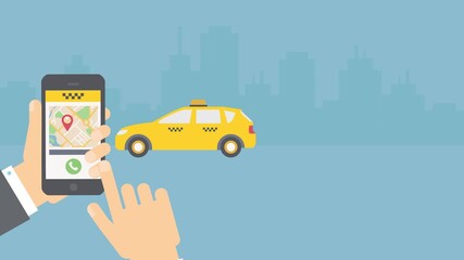 Person using smartphone app to order yellow taxi cab