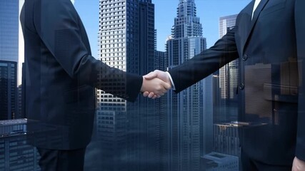 Businessmen shaking hands in front of a cityscape with tall buildings - Powered by Adobe