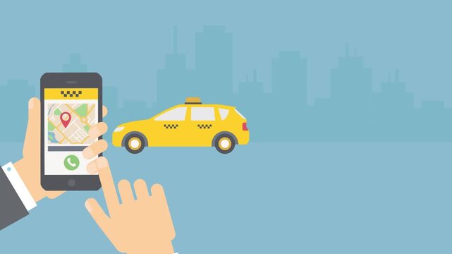 Person using smartphone app to order yellow taxi cab