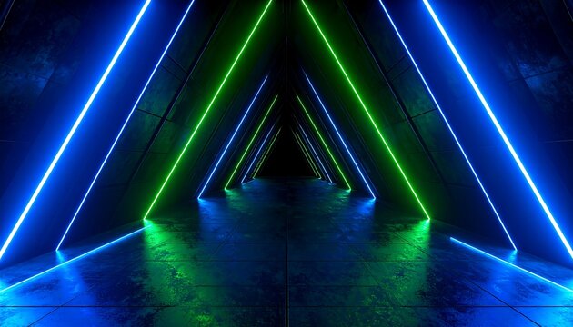 A futuristic tunnel, illuminated by vibrant neon blue and green lights, creating an otherworldly atmosphere within a dark, triangular structure. - Powered by Adobe
