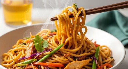 Steaming hot Asian noodles with fresh vegetables and chicken held by chopsticks.