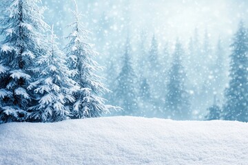 Winter background with snow and trees, winter landscape with a beautiful snowy forest, Christmas wallpaper, copy space for text or design,  New Year, Christmas concept.