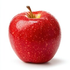 Fresh red apple close up studio shot on white background with water droplets for healthy eating concept