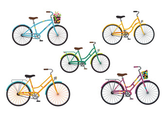 Collection of Colorful Vintage-Style Bicycles with Baskets.