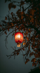 Fototapeta premium Red Lantern Hanging Under Tree During Mid Autumn Festival Surrounded by Autumn Leaves