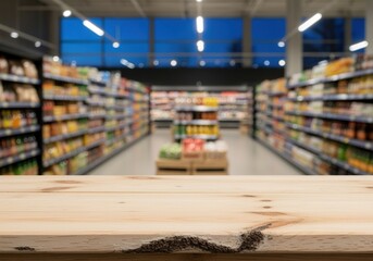 Obraz premium Empty birch wooden table in blurred grocery aisle at twilight