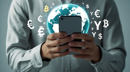 Hands using smartphone with glowing currency symbols, representing mobile banking, online transactions, and digital financial technology