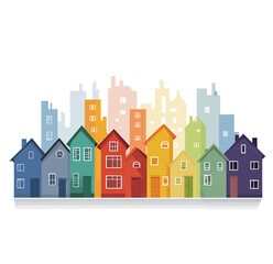 
Vector logo of a colorful row of houses with a city skyline in the background, using simple shapes and lines, on a white background with no shadows.