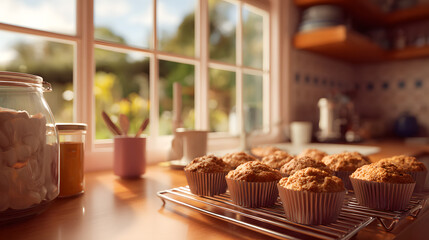 Naklejka premium Freshly baked muffin cozy kitchen sunlight wooden countertop glass jar homemade morning warm atmosphere inviting