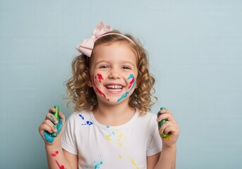 joyful girl around 5 years old with curly hair and bow smiling brightly with colorful paint splatters on face and arms