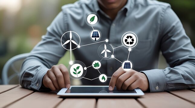 Hand using tablet with floating green energy, renewable, and sustainability icons, eco-friendly technology, climate change, and environmental innovation concept