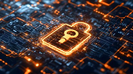 Digital security abstract lock glowing circuit encryption question mark technology cyber protection futuristic background