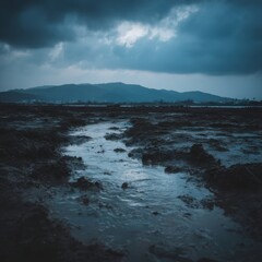 Fototapeta premium Moody landscape of a tidal flat at low tide with a stream of water flowing towards the ocean under a stormy sky