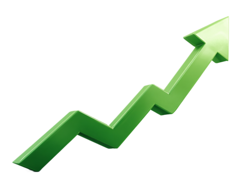 Green arrow pointing up isolated on transparent background indicates success