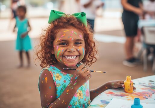joyful 5-year-old indigenous australian girl with auburn curly hair and green bow smiling with colorful paint on face and arms wearing sundress participating in art project at community center