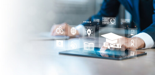 e-learning education concept, man use laptop with icons representing online education, Learning using artificial intelligence, ai, educational tools, video tutorial digital courses, internet lessons.