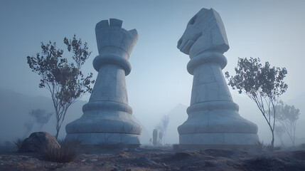 Giant chess piece surreal landscape misty morning abstract art fantasy stone sculpture outdoor mysterious mood