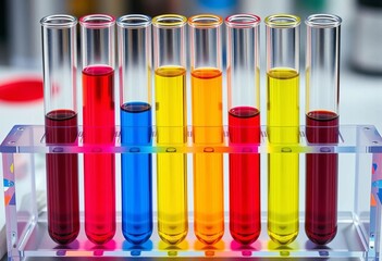 Eight vibrant test tubes in a clear plastic rack, filled with colorful liquids,  chemistry,   science background
