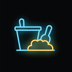 Glowing neon sign representing gardening tools, featuring a bucket and a pile of soil, perfect for any gardening related design