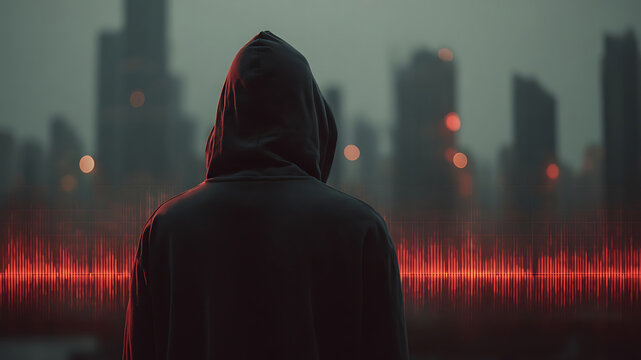 Anonymous hooded figure observing a dark city with vibrant red sound waves