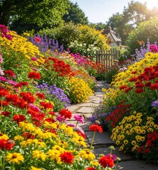 The picture shows a beautiful flower garden with a pathway in the middle, filled with various types of colorful flowers.