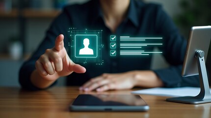 Businessman touching digital interface for identity verification and data management with tablet, cybersecurity, user authentication, and business technology concept 