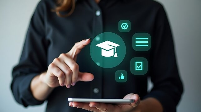 Business hand holding virtual student profile icon with online verification, e-learning, and digital education technology for modern training