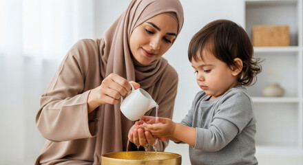Muslim Mother Teaching Child Hand Hygiene.