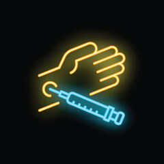 Neon style icon of a syringe injecting a vaccine dose into a hand