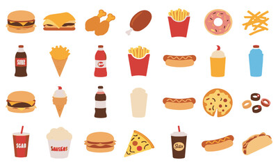 A clean outline vector set of fast food icons including burgers, tacos, pizza, fries, hot dogs, sandwiches, chicken wings, nuggets, popcorn, ice cream, milkshakes, sauces, and soft drinks. Perfect for