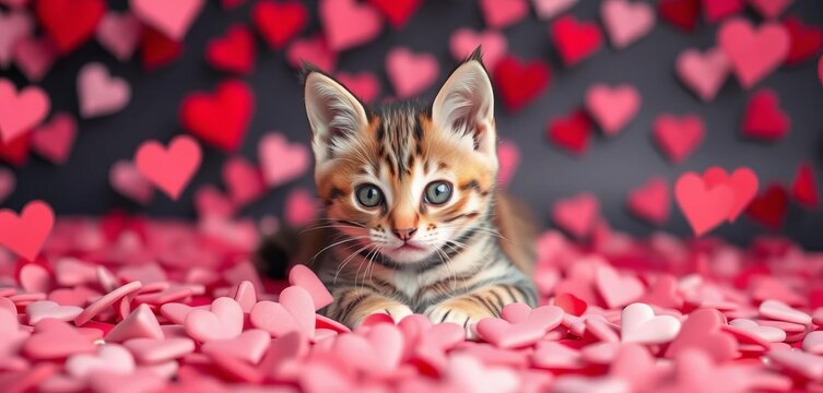 Adorable tabby kitten amidst scattered Valentine's Day hearts,  adorable kitten,  purr