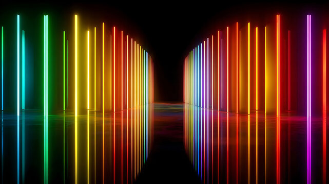 Glowing Corridor of Vertical Rainbow Colored Neon Lights with Floor Reflections