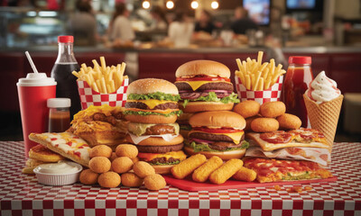 A clean outline vector set of fast food icons including burgers, tacos, pizza, fries, hot dogs, sandwiches, chicken wings, nuggets, popcorn, ice cream, milkshakes, sauces, and soft drinks. Perfect for
