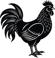 Elegant Black and White Rooster Illustration Standing Proudly in Profile View on white background