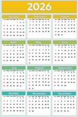 Calendar 2026 in international language, 2026 calendar in minimalist design, 2026 calendar week start on Sunday 