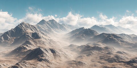 Majestic mountain range under a bright blue sky with clouds, showcasing rugged peaks and valleys, a beautiful natural landscape ideal for adventure and exploration