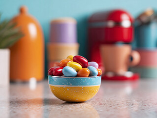 Colorful candycoated chocolates overflow from a small bowl on a kitchen countertop. Sweet treat concept joy, fun, and indulgence. Use for blog posts or social media.