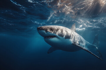Fototapeta premium Majestic great white shark swimming just below the ocean surface with sunbeams filtering through the water.